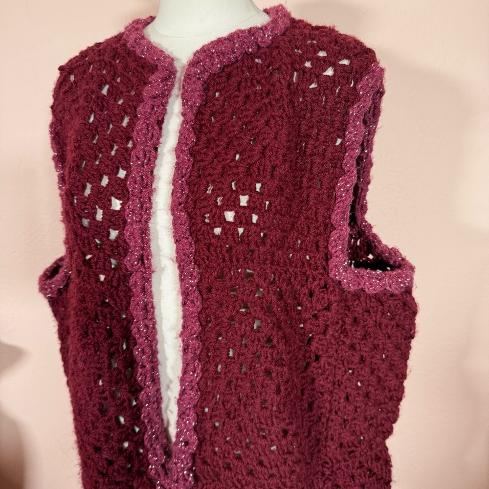 Vintage 1970’s Burgundy Red pink Grandma Square Handmade crochet Long Vest Large